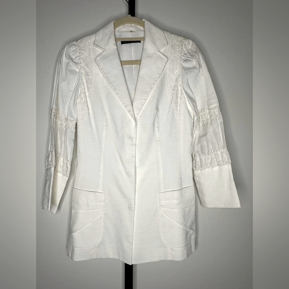 Elie Tahari Linen Blend Blazer Jacket Top Lace 3/4 Sleeve White